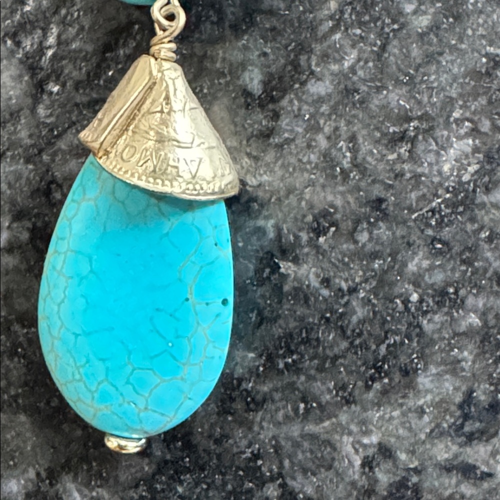 😊Chico's Turquoise Beaded Coin Drop Necklace with Gold Accents - Picture 5 of 7